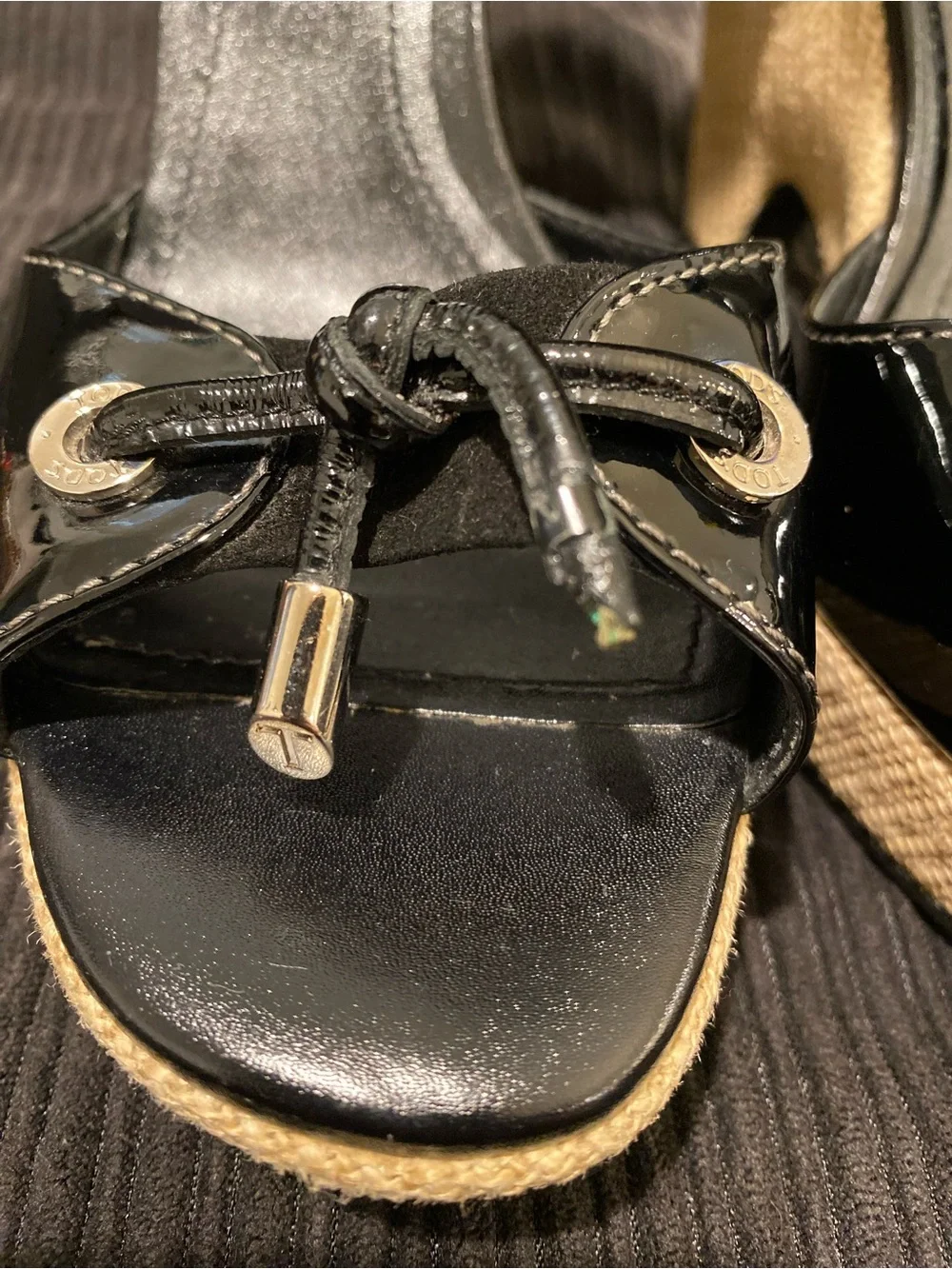 Tod's Black Patent Leather Wedge Sandals with Natural Woven Heel